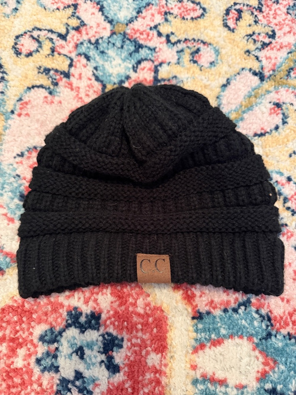 C.C. Black Knitted Kids Beanie with Brown Logo Patch